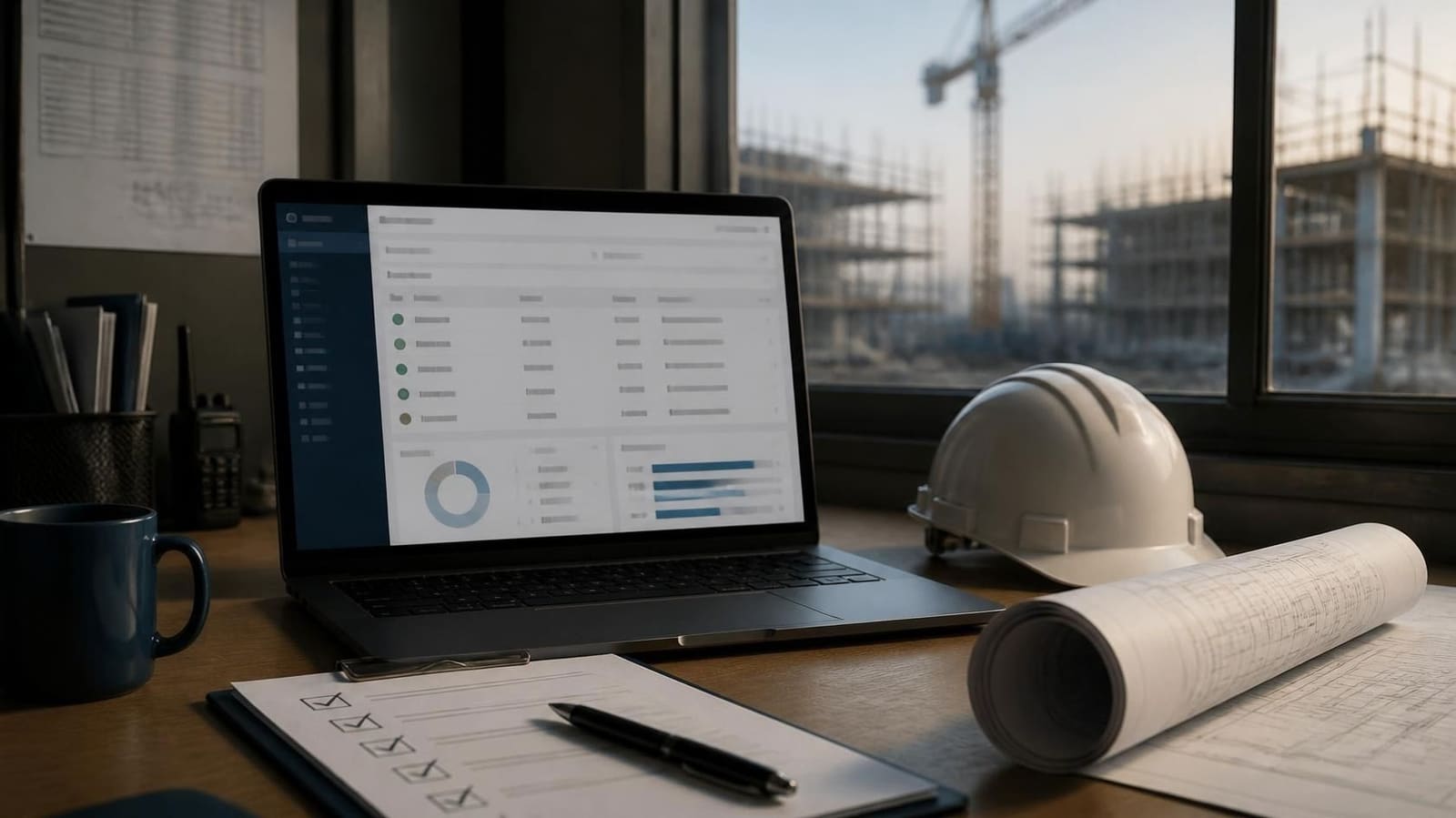 A site office desk with a laptop showing a procurement dashboard, a ticked checklist, a hard hat and rolled drawings, with a construction site and crane outside the window