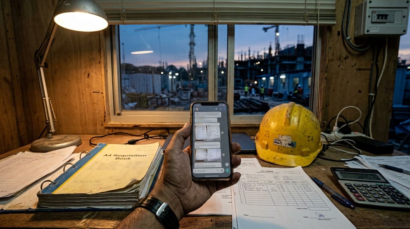 A hand holding a phone showing a group chat of quotation photos in a site office at dusk, beside a requisition book, a PO form, and a hard hat