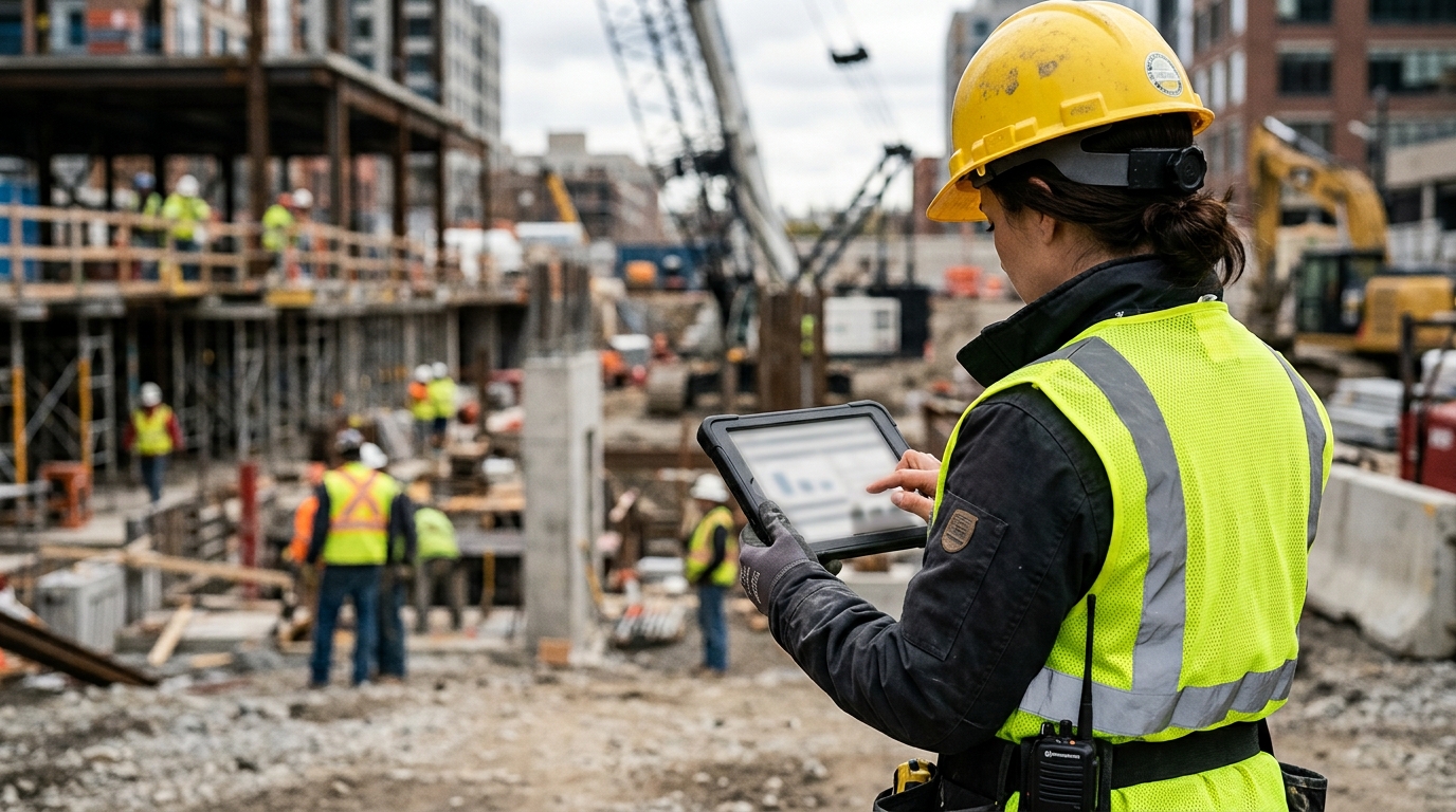 Site engineer reviewing documents on a tablet at a construction site