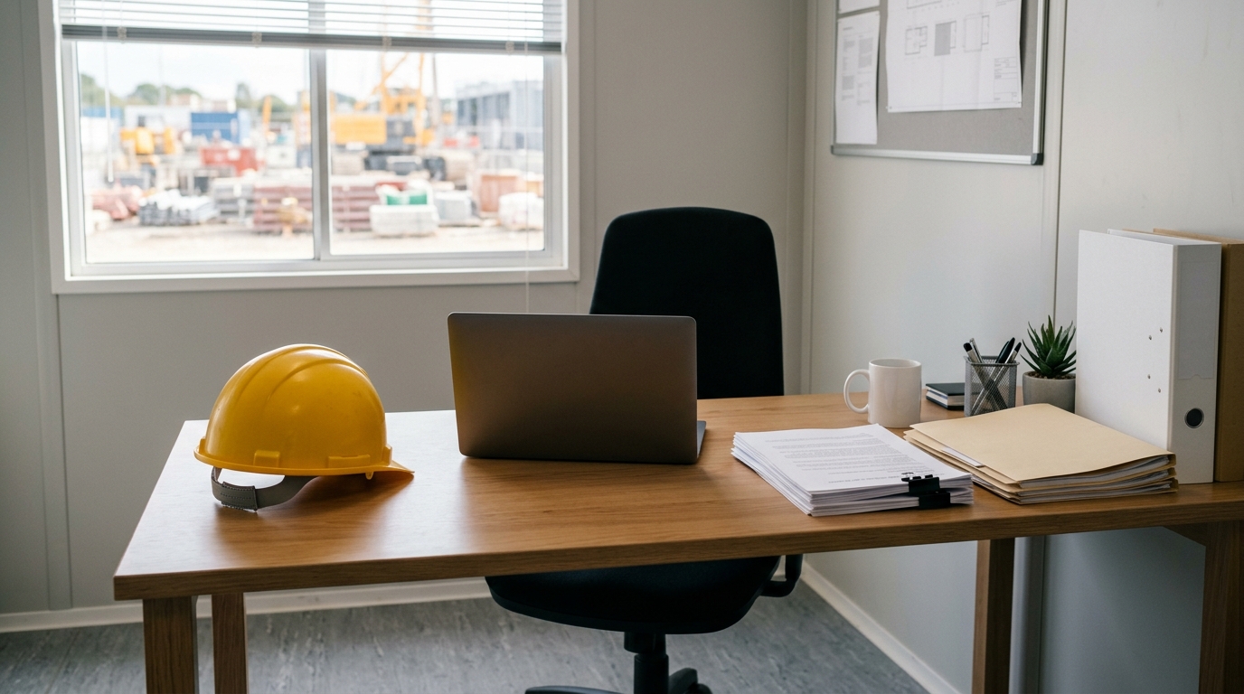 Organized site office with neatly arranged documents